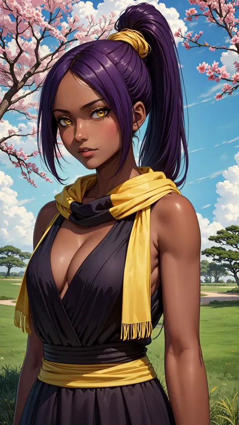 (masterpiece, top quality, best quality, official art, beautiful and aesthetic:1.4), (depth of field), adult, 1girl, Shihouin Yoruichi, purple hair, ponytail, dark skin, brown skin, dark skinned girl, beautiful eyes, yellow eyes, Haori, yellow scarf, (clea...