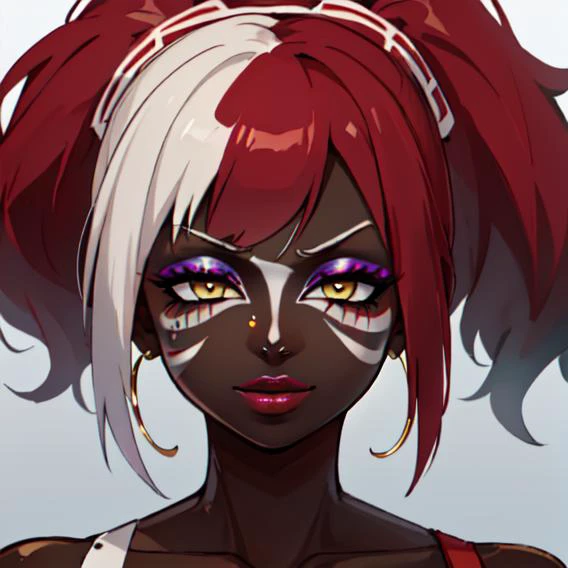 a close up of a woman with red hair and white makeup