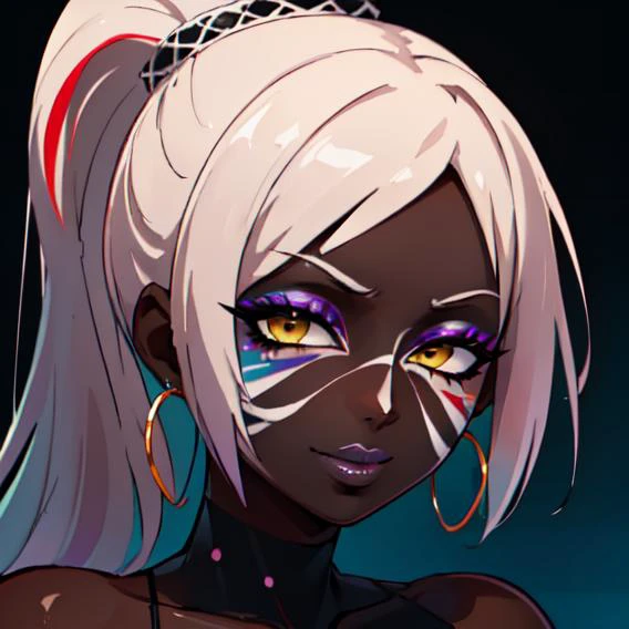 a close up of a woman with white hair and purple eyes