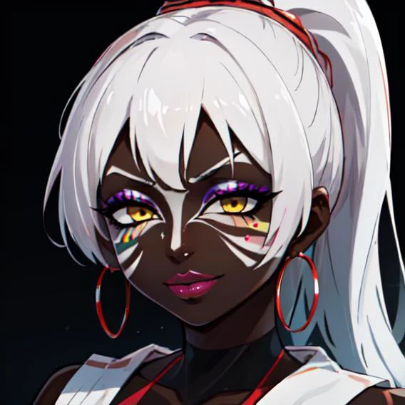 a close up of a woman with white hair and a black outfit