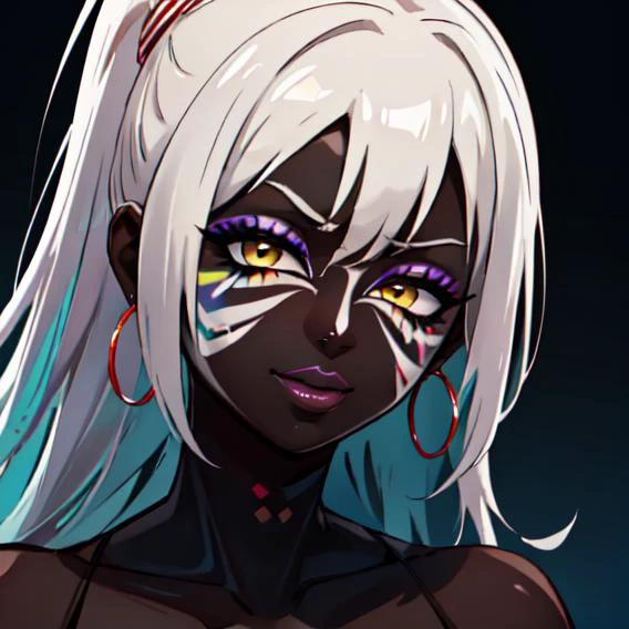 a woman with white hair and bright eyes wearing a black outfit