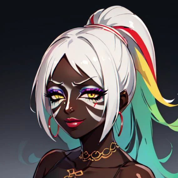 a close up of a person with a white hair and a colorful wig