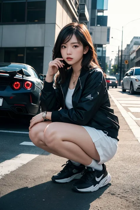 best quality, high quality, 8k, beautiful lighting, dynamic shadow, professional photography, aesthetic photo, girl, coach jacket, necklace, asian squat, sports car