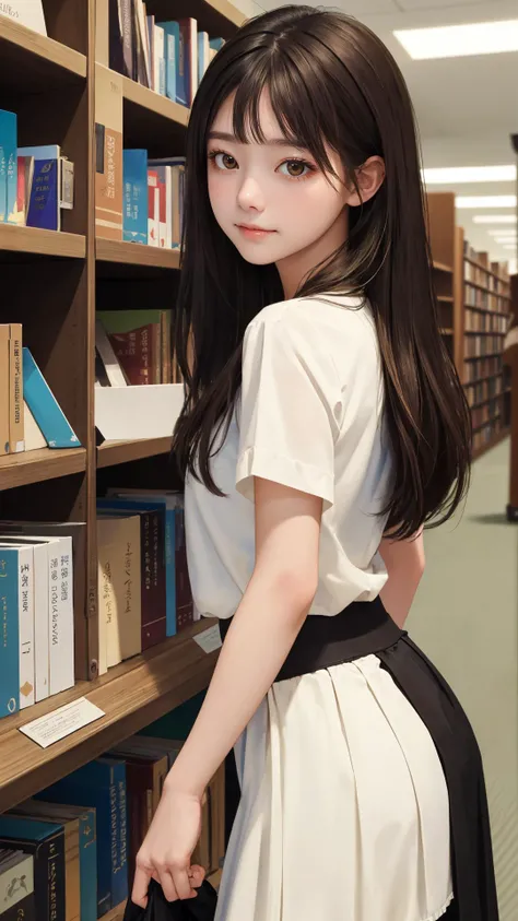 (masterpiece:1.4), (best quality:1.4), (looking at viewer), (lady), (shiny_skin), cowboy shot, town, skirt, deep ivory hair, dark brown eyes, indoors, library, 
(happy:0.8), fringe, side bang,