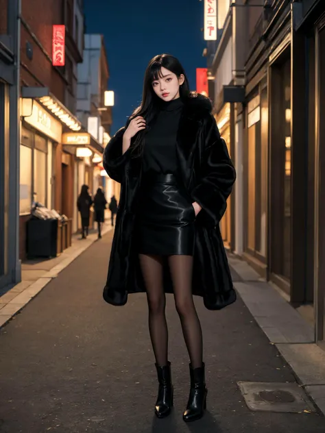 (masterpiece:1.4), (best quality:1.4), (absurdres), (detailed background), (looking at viewer), full body, (fur coat), outdoors, town, (muffler:1.2), pantyhose, boots, standing, pencil skirt,
night, black hair, sleek, (alive skin),