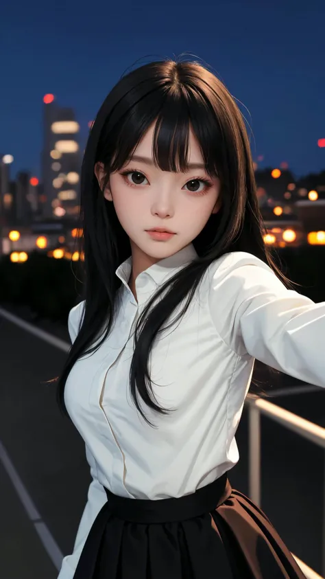 (masterpiece:1.2), (best quality:1.2), (absurdres:1.2), (looking at viewer), (shiny skin),
upper body, lady,
thighhighs,
long hair, sleek, fringe, side bang,
outdoors, night, city,
skirt,
long sleeves, black hair, black eyes,
curious face, medium breasts,