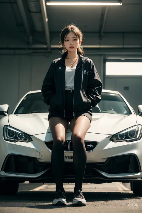 best quality, high quality, 8k, beautiful lighting, dynamic shadow, professional photography, aesthetic photo, girl, coach jacket, necklace, asian squat, sports cars, from below