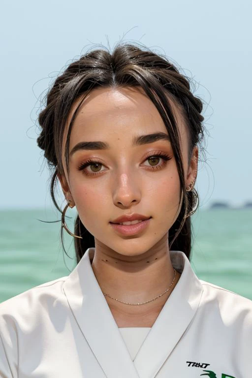 a close up of a woman in a white shirt standing near the ocean