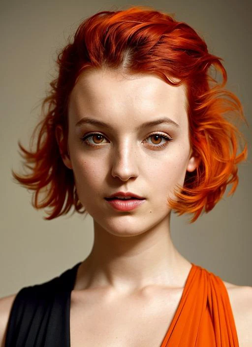 portrait of sks woman by Flora Borsi, style by Flora Borsi, bold, bright colours, orange Mohawk haircut, ((Flora Borsi)), <lora:locon_bellaramsey_v1_from_v1_64_32:1>