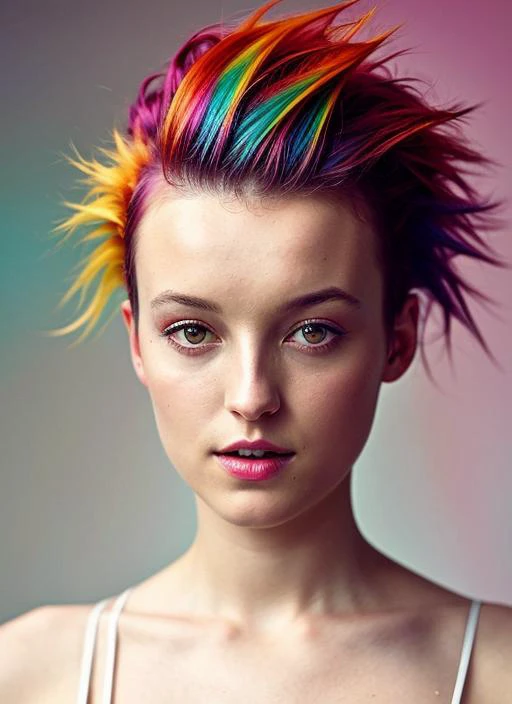 portrait of sks woman by Flora Borsi, style by Flora Borsi, bold, bright colours, rainbow Mohawk haircut, ((Flora Borsi)), <lora:locon_bellaramsey_v1_from_v1_64_32:1>