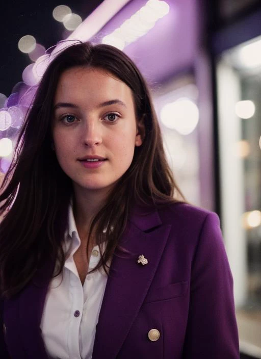 candid RAW close up portrait photo of sks woman in a (purple colored suit:1.0) on a dark street with shopping windows (at night:1.2), bokeh, Ilford Delta 3200 film, dof, high definition, detailed, intricate, flashlight, <lora:locon_bellaramsey_v1_from_v1_6...