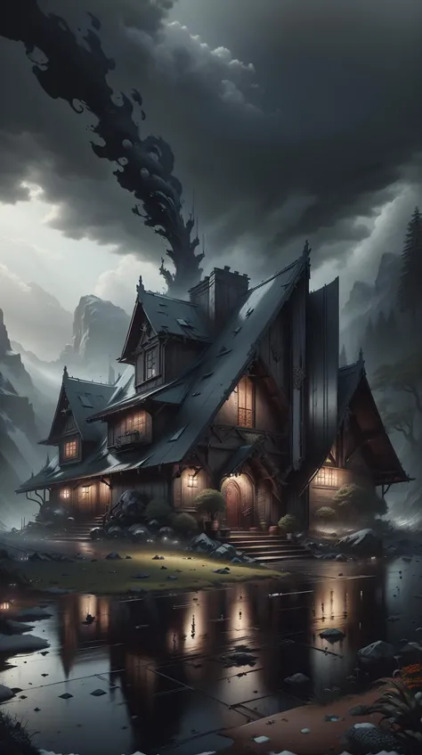 <lora:BatmanCore:1> BatmanCore ancient medieval hobbit homes, ornate, beautiful, atmosphere, vibe, mist, smoke, chimney, rain, well, wet, pristine, puddles, reflection, waterfall, frozen, melting, melting, dripping, snow, creek, lush, icicles, ice, bridge,...