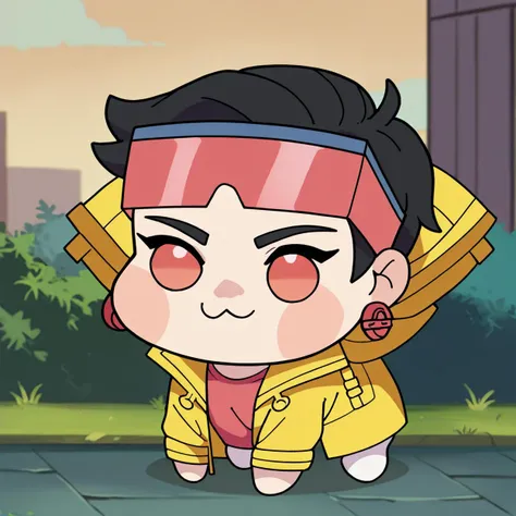 a cartoon character with a headband and a yellow jacket