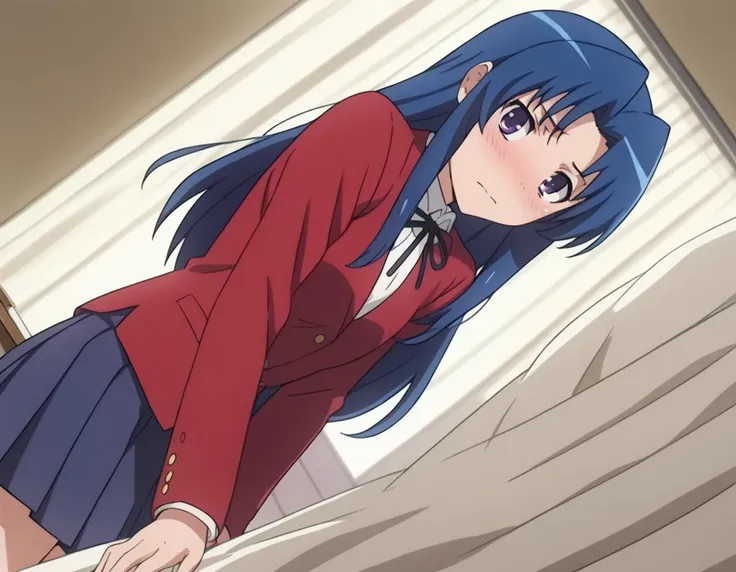 anime girl in a red jacket and blue skirt standing in front of a window