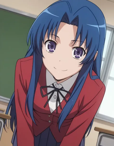 anime girl with blue hair and purple eyes in a classroom