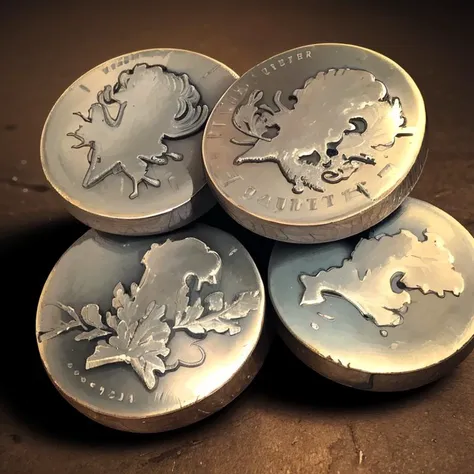 four silver coins with a skull and a flower on them