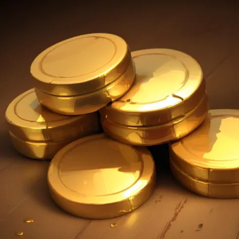 a close up of a pile of gold coins on a wooden table