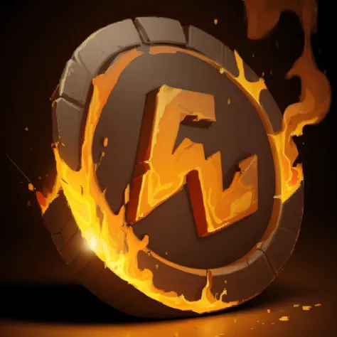 a close up of a fire and a circular logo on a black background