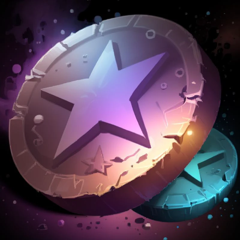 a close up of a star on a coin with a purple background