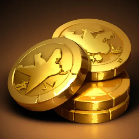 a close up of a pile of gold coins with a bird on top