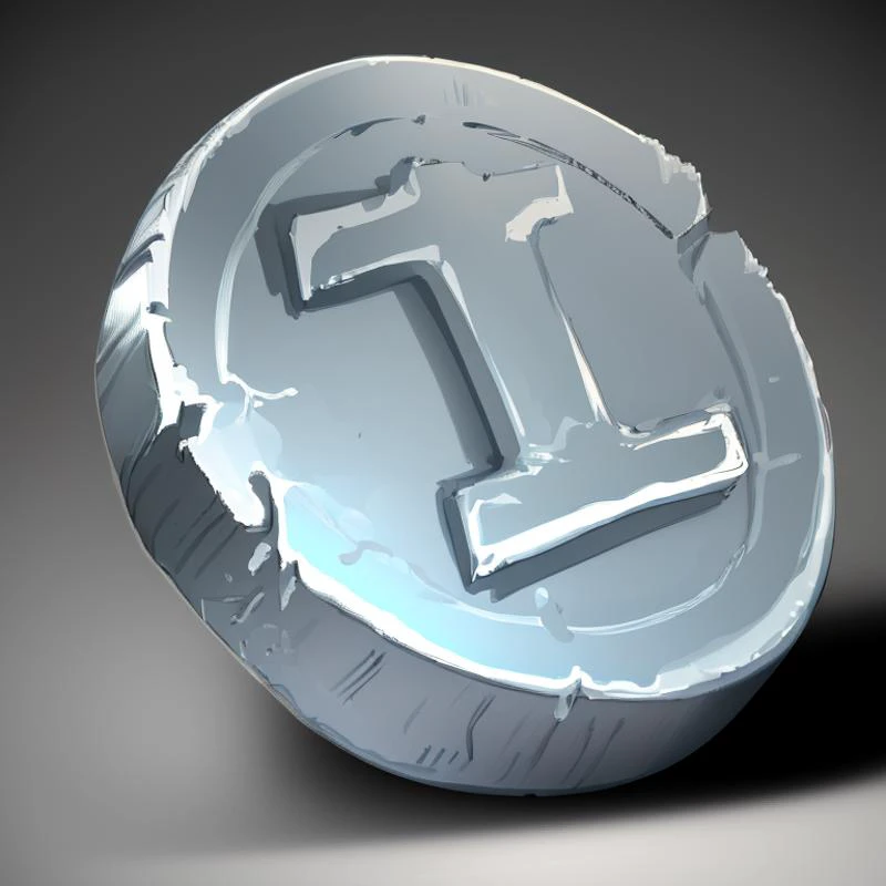 a close up of a coin with a letter t on it