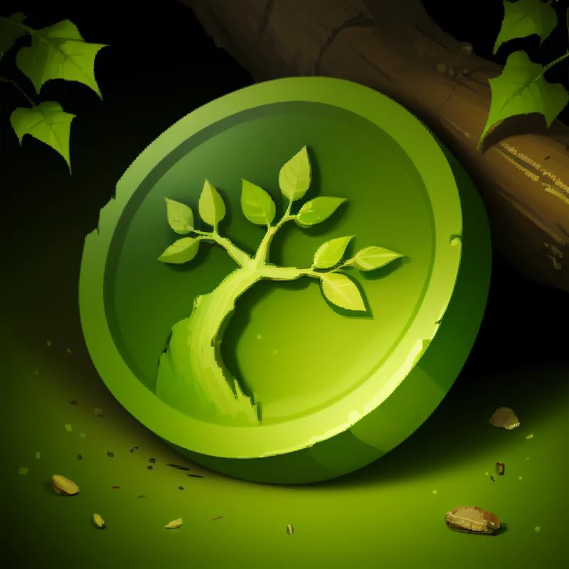 ((masterpiece,best quality)), <lora:FantasyIcons_Coins:0.8>, green coin, glowing, nature, tree symbol, leaves, ivy, shiny metal