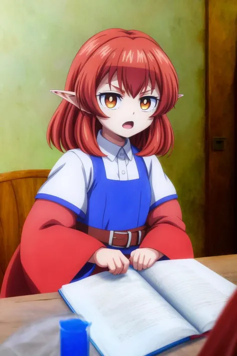 anime girl sitting at a table with a book and a cup