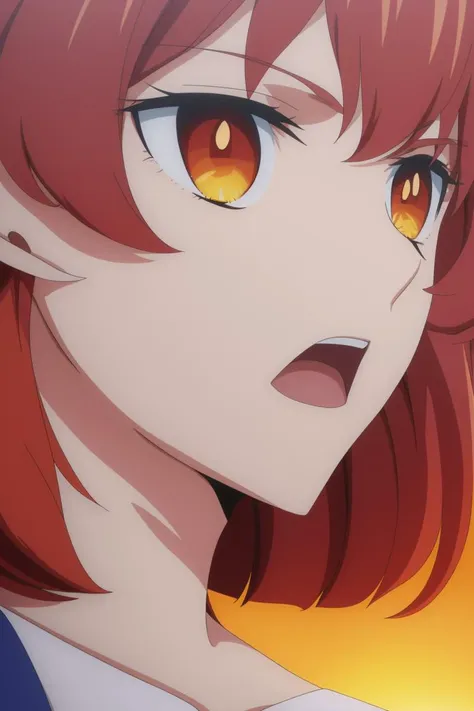 anime girl with red hair and yellow eyes staring at something