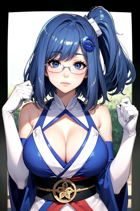 <lora:iechan:1>,iechan,long hair,blue hair,hair ornament,hairpin,large breasts,bare shoulders,blue eyes,white gloves,elbow gloves,side ponytail,wearing glasses,kimono,