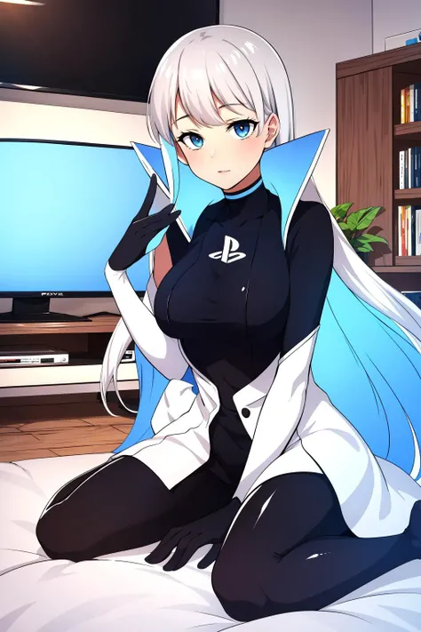 masterpiece, best quality, Playstation-chan, wariza, looking at viewer, living room, television <lora:Playstationchan:0.8>