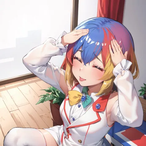 masterpiece, best quality, Chrome-chan, white thighhighs, multicolored eyes, ahetobleh, from above, hands on own head, living room, computer, closed eyes <lora:Chrome-ChanV39-55:1> <lora:ahetobleh-nvwls-v1-final:0.6>