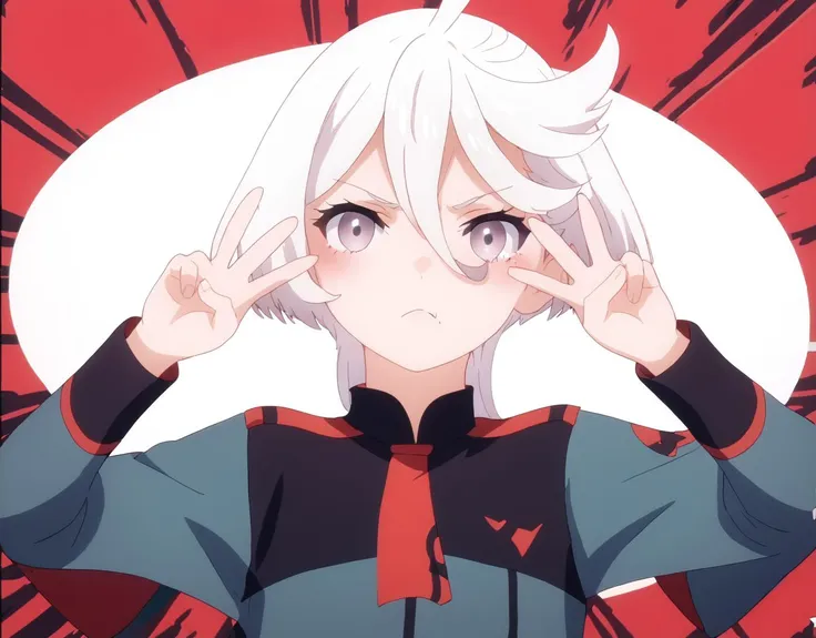 anime character with white hair and blue eyes holding up his hands