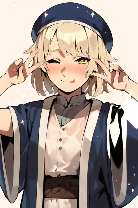 anime girl with blonde hair and blue hat holding her hands to her ears