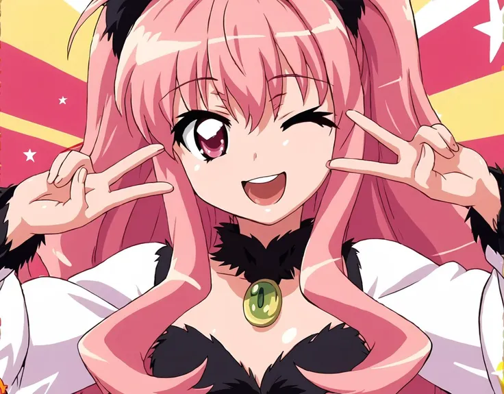 anime girl with pink hair and black ears making a peace sign