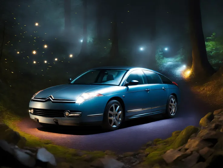 CitroenC6 in enchanted fairy forest scene,  fireflies, glowing mushrooms, highly detailed, details