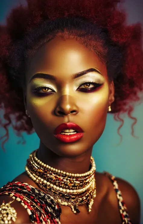 fashion photoshoot, shot by Ellen Von Unwerth, harisnukemXL, photography, close-up shot of a beautiful Gambian woman with a hungry expression, gorgeous makeup, in a studio, two-tone background <lora:Haris_Nukem_Style_XL-000009:1>, high quality, 4k, 8k, mas...