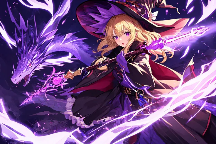 masterpiece, best quality, ultra-detailed, illustration, 1girl, witch hat, purple eyes, blonde hair, wielding a purple staff bla...