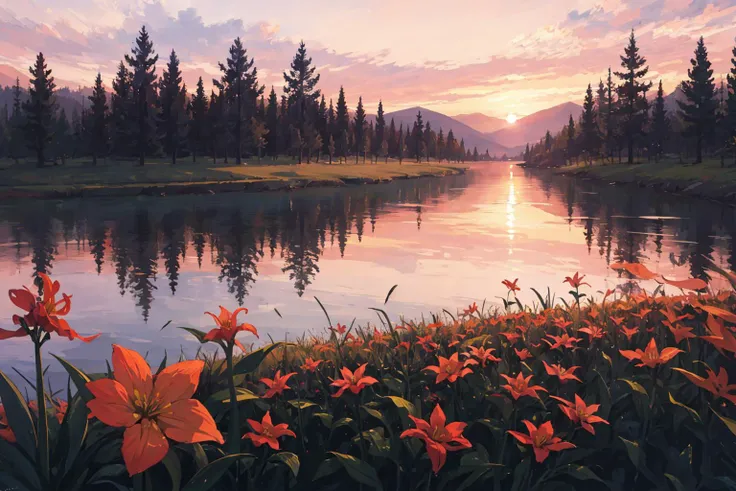 painting of a sunset over a lake with orange flowers in the foreground