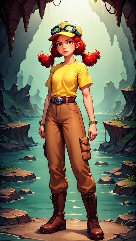 score_9, score_8_up, score_7_up, source_anime, 1girl,
in a cave, dark,,water, cobwebs, <lora:xljessie:0.8> 1 girl ,bsjessie , red hair  ,pigtails ,  ,yellow baseball cap , goggles , yellow shirt , brown pants , boots, belt , , Short sleeves,  bracelet