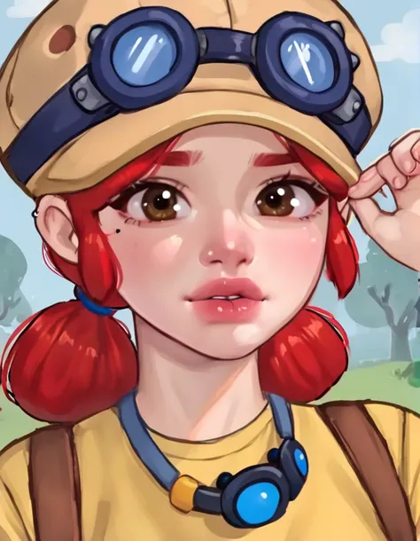 a cartoon girl with red hair wearing a hat and goggles