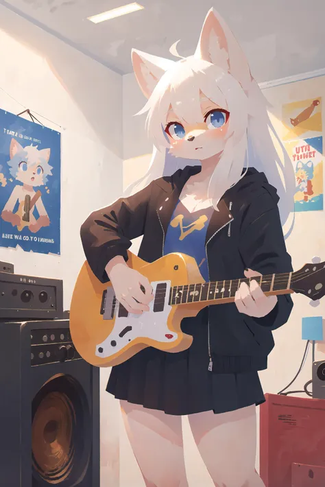 anime - style image of a woman with a guitar in a room