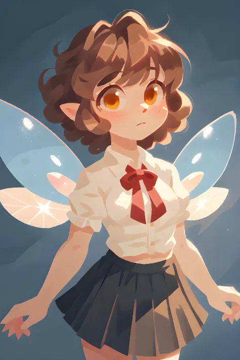 Tia (Tiny cute female fairy, 4 transparent blue wings, medium bust, brown hair curly, golden eyes) wearing a frilled skirt