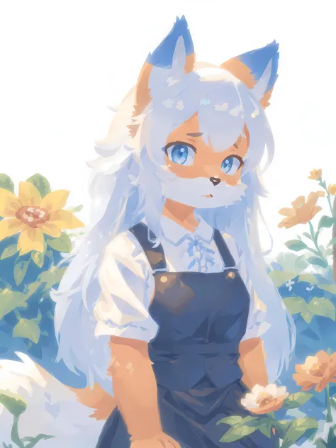 anime girl with white hair and blue eyes in a field of flowers