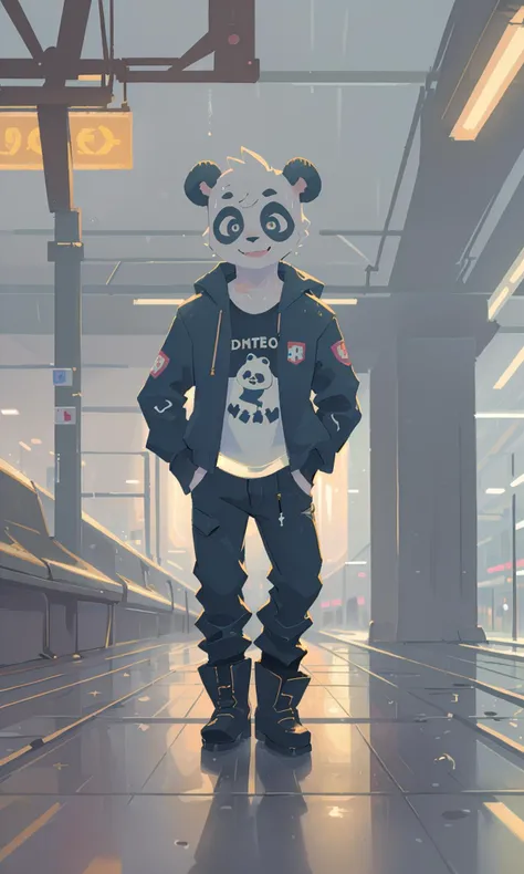 masterpiece, best quality, anthro, humanoid, giant panda, furry male, jacket, t-shirt, pants, boots, gentle smile, looking at viewer, bright and watery eyes, train station, (rain:0.5), grey sky, (fog:0.4), wet floor, outdoors
