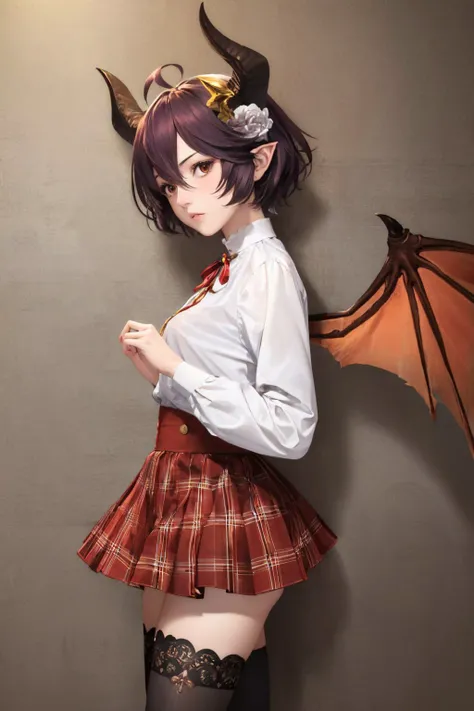 (masterpiece, best quality:1.2), cowboy shot, solo, 1girl, greadef, expressionless, looking at viewer, ahoge, white shirt, red skirt, plaid skirt, black thighhighs, wings, tail <lora:gbf_grea:1.0>