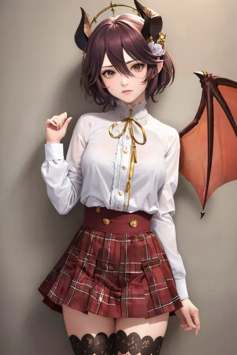 (masterpiece, best quality:1.2), cowboy shot, solo, 1girl, greadef, expressionless, looking at viewer, ahoge, white shirt, red skirt, plaid skirt, black thighhighs, wings, tail <lora:gbf_grea:1.0>