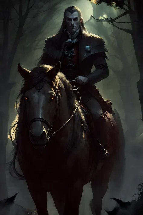 masterpie best quality, night time, forest road, <lora:strahd_v10:1> Strahd von Zarovich, vampire, long hair, a middle aged man riding on a horse,<lora:bear - lion - panther - wolf - Animal Rider Concept:0.4> horse, 1boy,  <lora:foggy:0.4> fogggy style