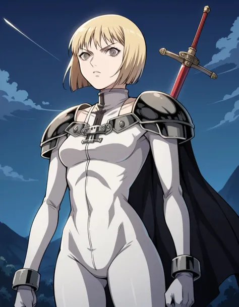 score_9, score_8_up, score_7_up, source_anime,
claymoreclaire, <lora:claymore-claire-s1-ponyxl-lora-nochekaiser:1>,
claire, short hair, blonde hair, grey eyes, bob cut, pale skin, white skin, ringed eyes,
weapon, sword, cape, armor, bodysuit, shoulder armo...