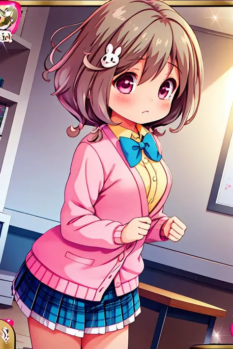 (masterpiece, best quality), 1girl,    <lora:Kazemachi-Haruka:1> kazemachiharuka, brown hair, rabbit hair ornament, twintails, short hair, pink eyes, pink cardigan, blue bowtie, yellow shirt, blue skirt, plaid skirt, school uniform