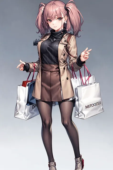 a woman in a trench coat holding shopping bags and pointing